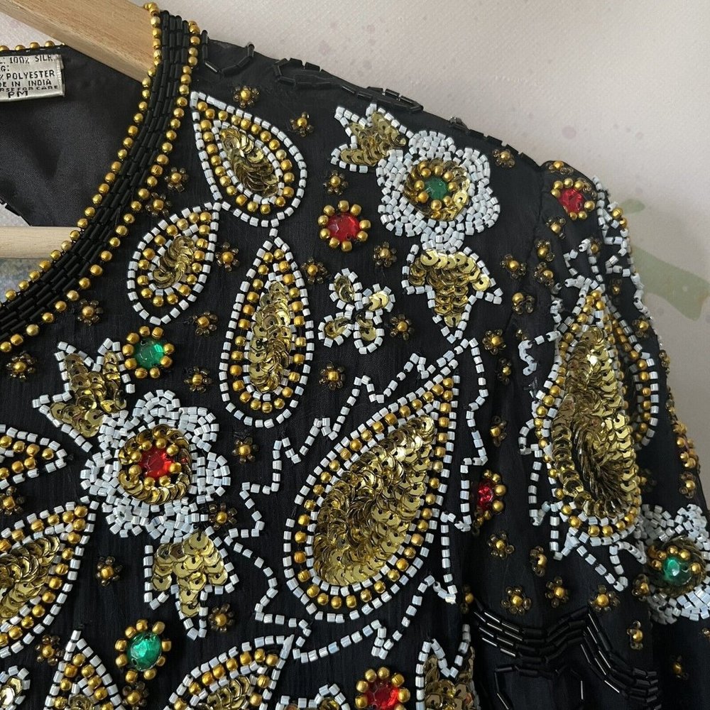Laurence Kazar Petite Medium Dress Beaded Sequin Silk‎ Multi Black Short Sleeve - Picture 4 of 9